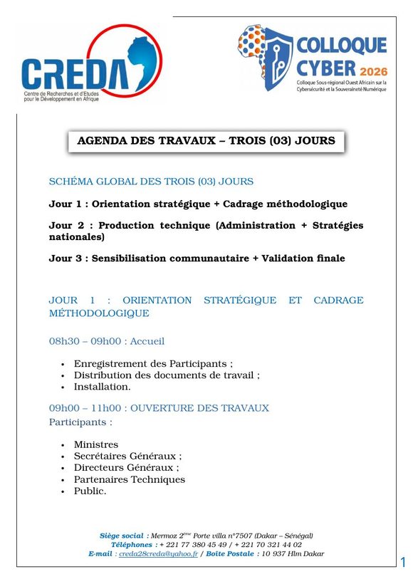 Première page de l’agenda des travaux 2026