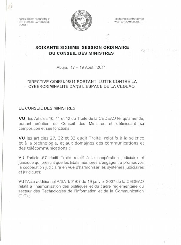 Première page de la directive CEDEAO sur la lutte contre la cybercriminalité