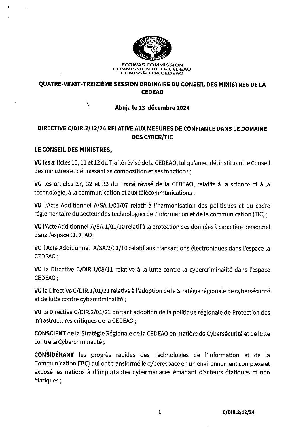 Première page de la directive CEDEAO relative aux mesures de confiance dans le domaine cyber TIC