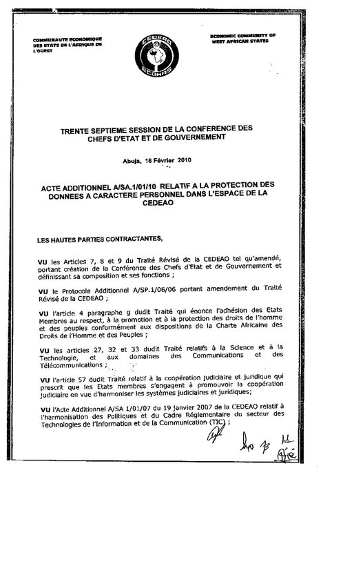 Première page de l’acte additionnel de la CEDEAO relatif à la protection des données personnelles