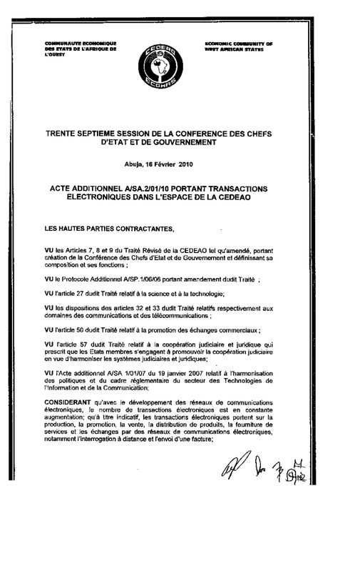 Première page de l’acte additionnel de la CEDEAO portant transactions électroniques