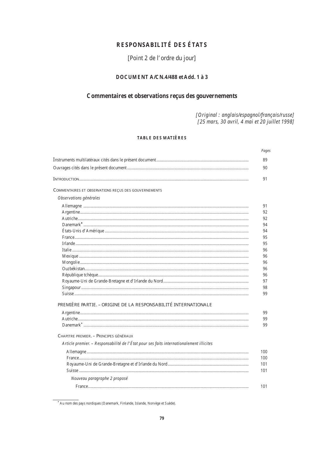 Première page du document A/CN.4/488 sur la responsabilité des États