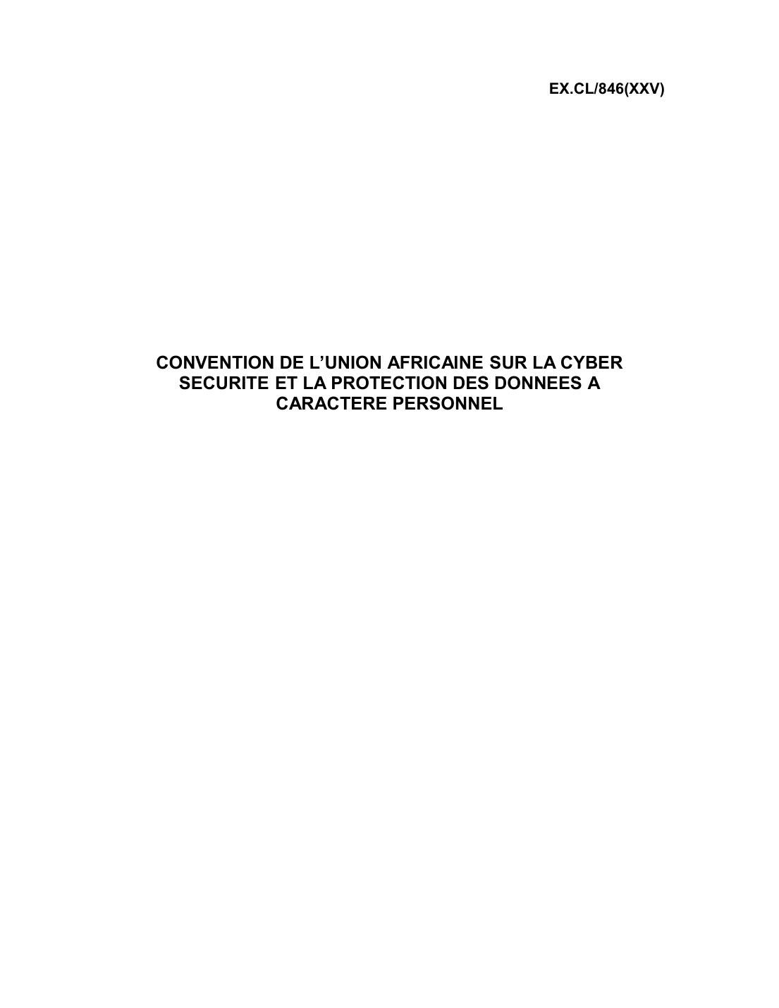 Première page de la Convention de l’Union africaine sur la cybersécurité et la protection des données à caractère personnel